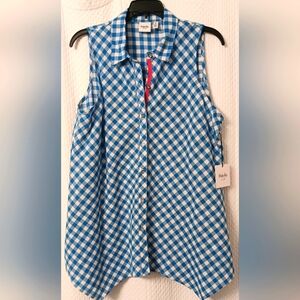 Rafaella Checkered Blue & White, Sleeveless, Collared, Button Down Blouse-NWT$50